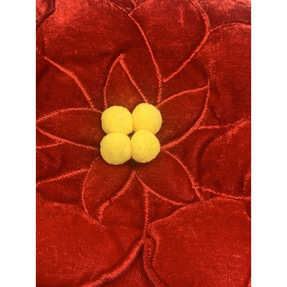 Vintage Christmas Poinsettia Throw Pillow Red Green Velour Round 11